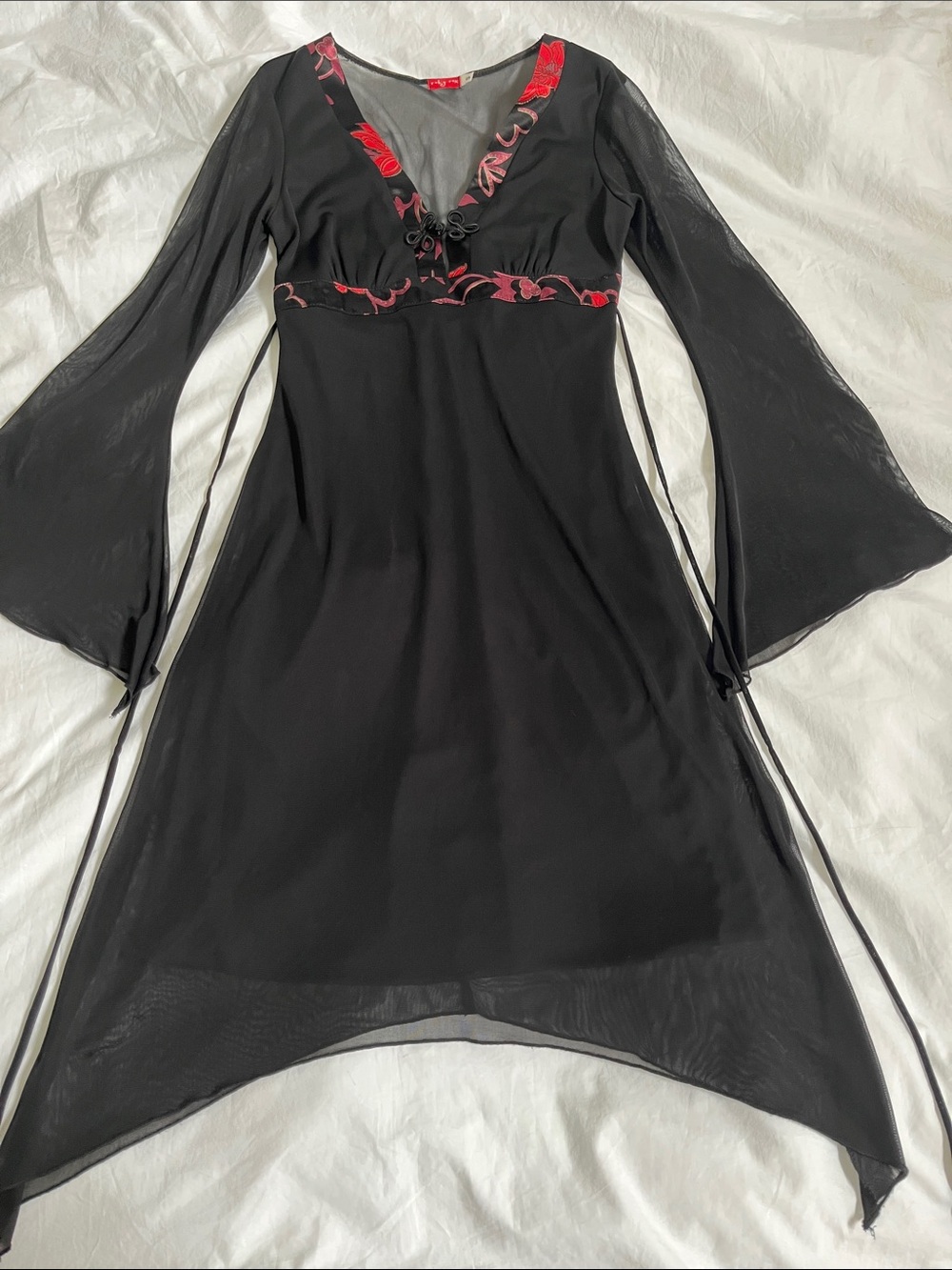 Ruby Rox Asian Inspired Babydoll Sharkbite Hemline flare long bell sleeves dress